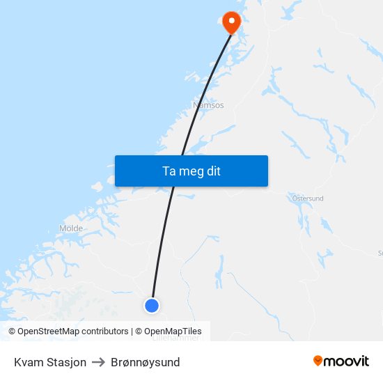 Kvam Stasjon to Brønnøysund map