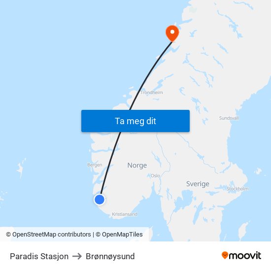 Paradis Stasjon to Brønnøysund map