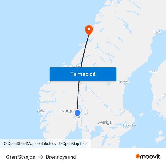 Gran Stasjon to Brønnøysund map