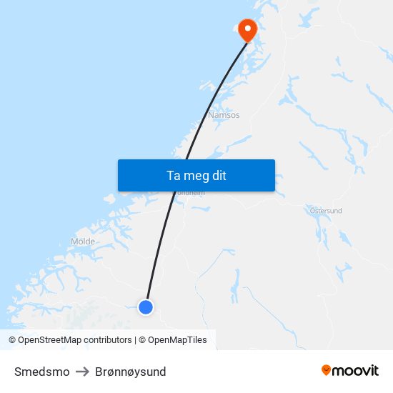 Smedsmo to Brønnøysund map