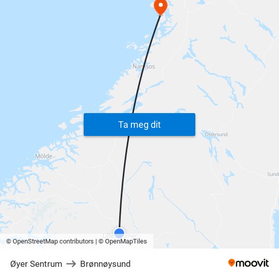 Øyer Sentrum to Brønnøysund map