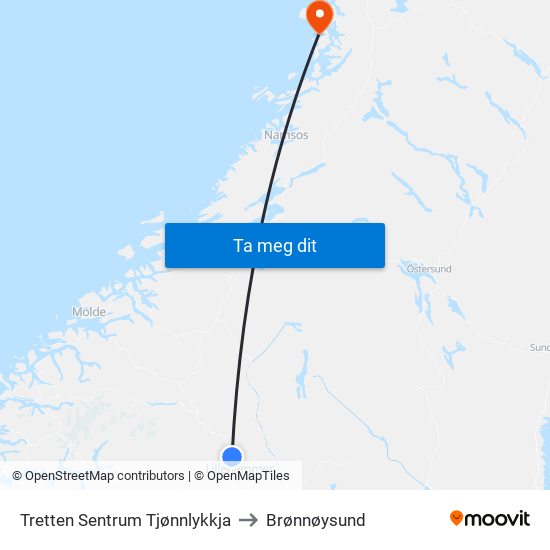 Tretten Sentrum Tjønnlykkja to Brønnøysund map