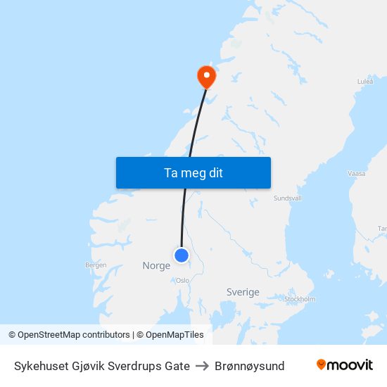 Sykehuset Gjøvik Sverdrups Gate to Brønnøysund map