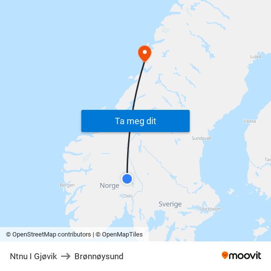 Ntnu I Gjøvik to Brønnøysund map