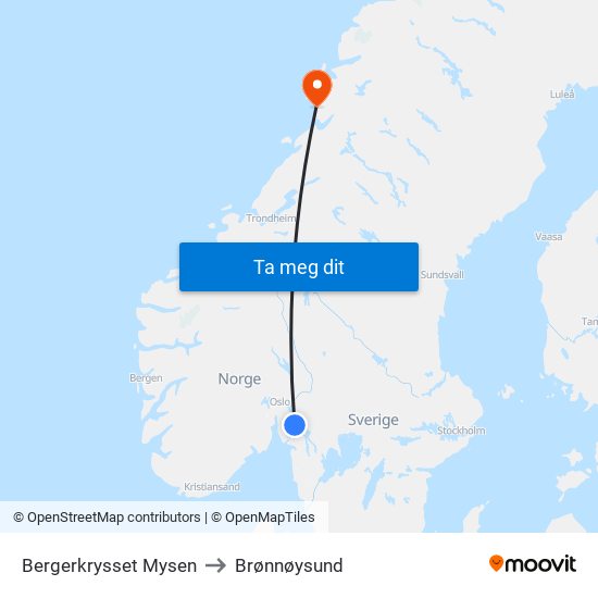 Bergerkrysset Mysen to Brønnøysund map