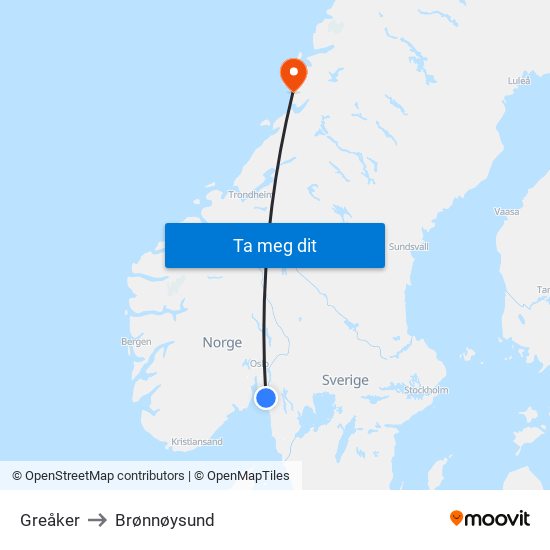 Greåker to Brønnøysund map