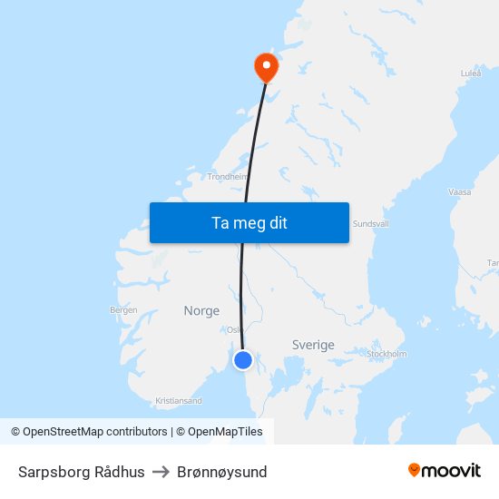 Sarpsborg Rådhus to Brønnøysund map