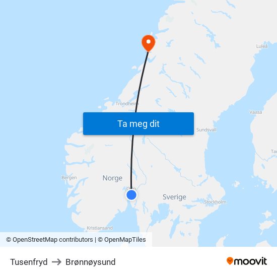 Tusenfryd to Brønnøysund map