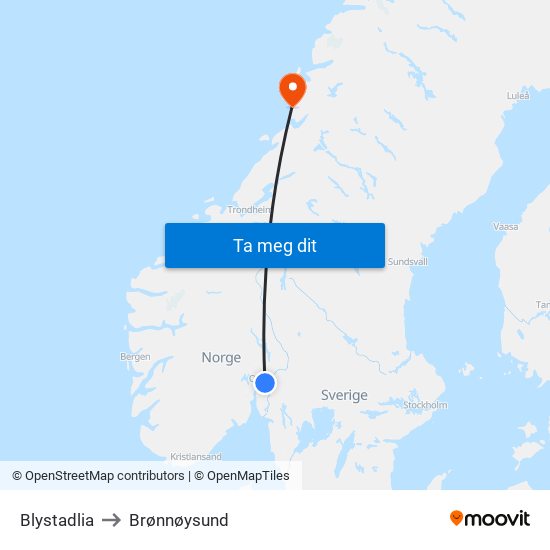 Blystadlia to Brønnøysund map
