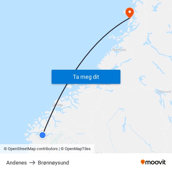 Andenes to Brønnøysund map