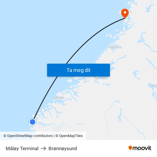 Måløy Terminal to Brønnøysund map