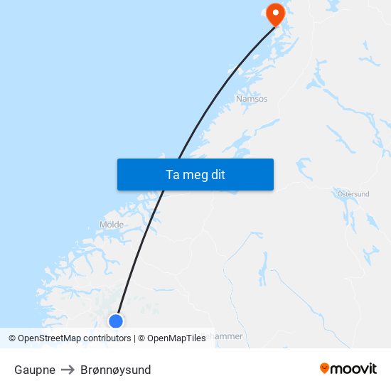 Gaupne to Brønnøysund map