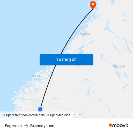 Fagernes to Brønnøysund map