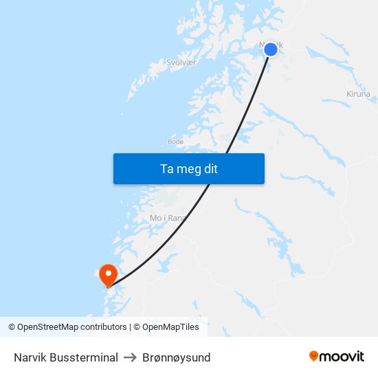 Narvik Bussterminal to Brønnøysund map