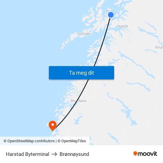 Harstad Byterminal to Brønnøysund map