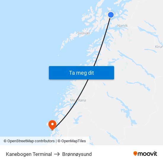 Kanebogen Terminal to Brønnøysund map