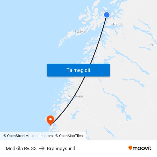 Medkila Rv. 83 to Brønnøysund map