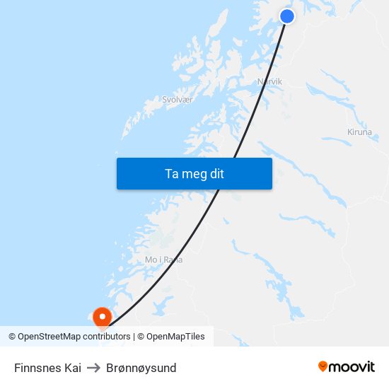 Finnsnes Kai to Brønnøysund map