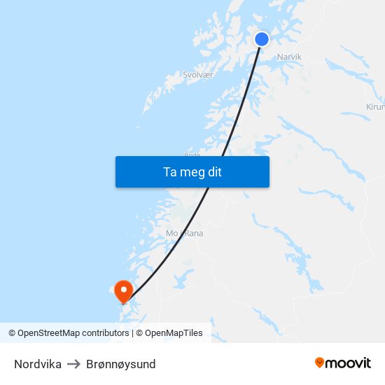 Nordvika to Brønnøysund map