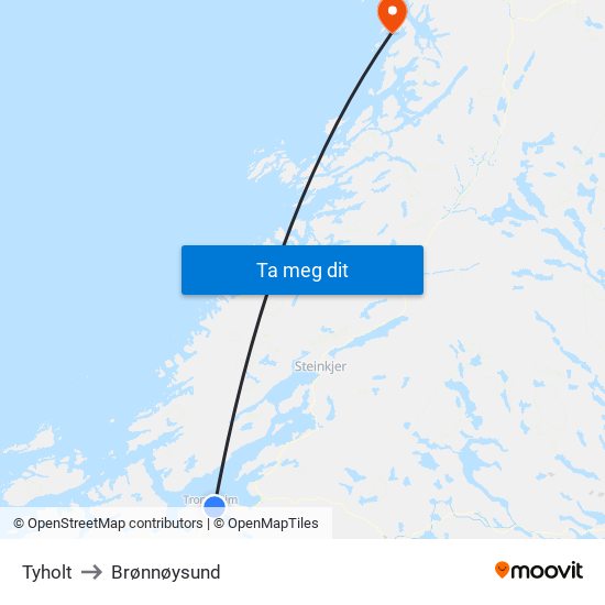 Tyholt to Brønnøysund map