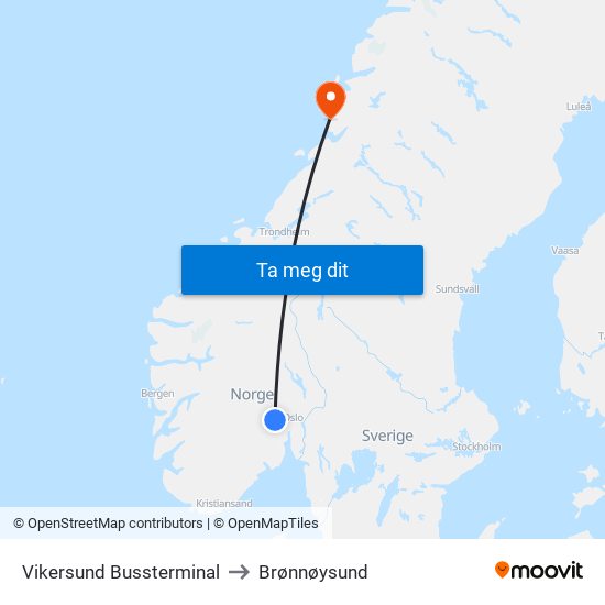 Vikersund Bussterminal to Brønnøysund map