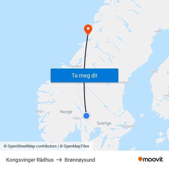 Kongsvinger Rådhus to Brønnøysund map