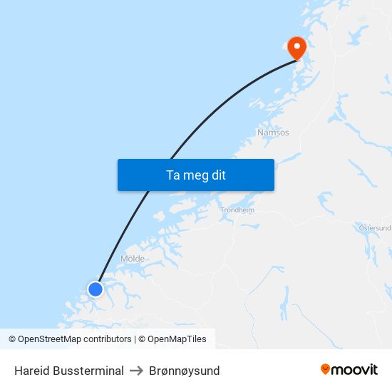 Hareid Bussterminal to Brønnøysund map