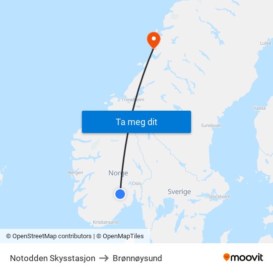 Notodden Skysstasjon to Brønnøysund map