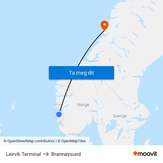 Leirvik Terminal to Brønnøysund map
