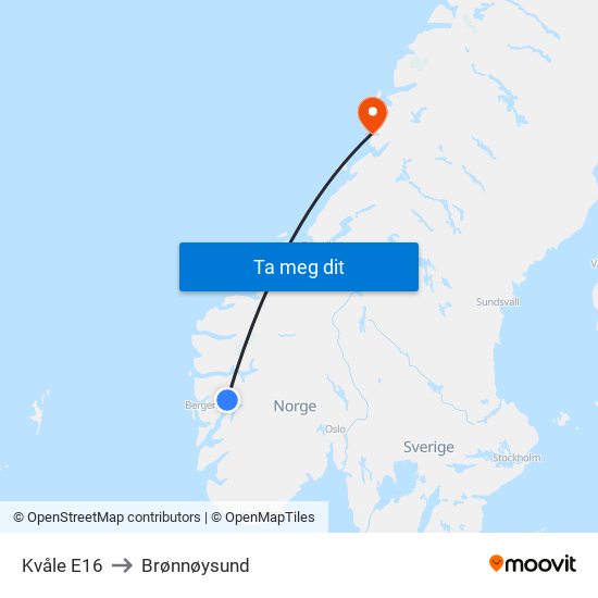 Kvåle E16 to Brønnøysund map