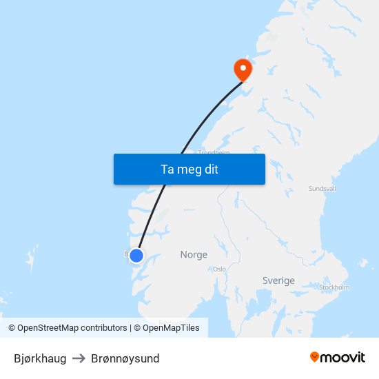 Bjørkhaug to Brønnøysund map