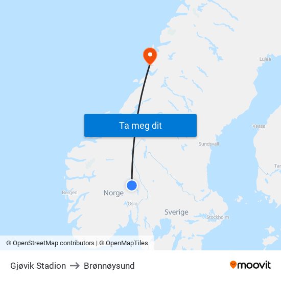 Gjøvik Stadion to Brønnøysund map