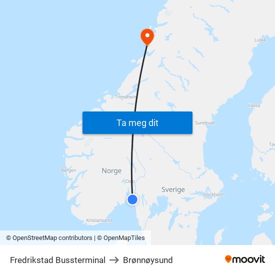 Fredrikstad Bussterminal to Brønnøysund map