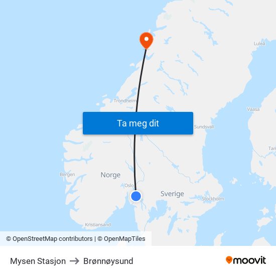 Mysen Stasjon to Brønnøysund map
