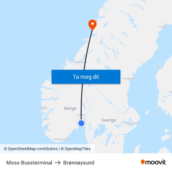 Moss Bussterminal to Brønnøysund map