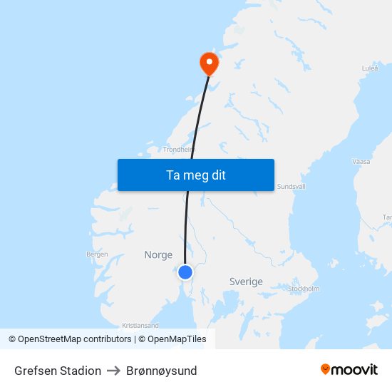 Grefsen Stadion to Brønnøysund map
