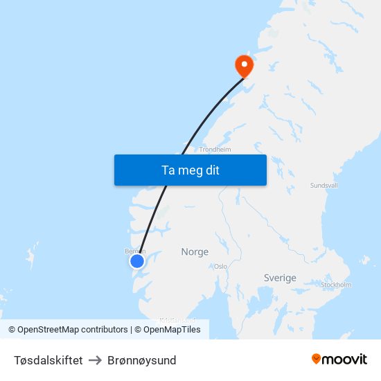 Tøsdalskiftet to Brønnøysund map