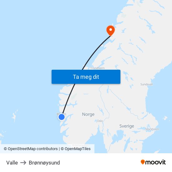 Valle to Brønnøysund map