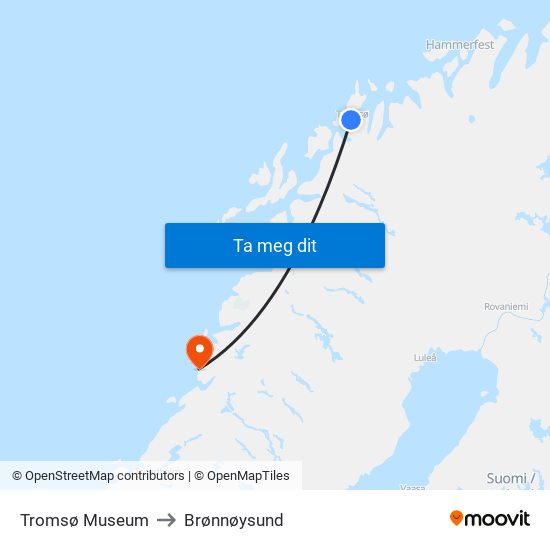 Tromsø Museum to Brønnøysund map