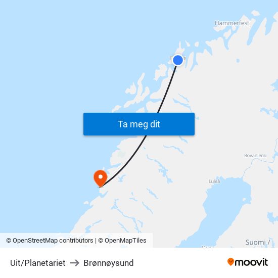 Uit/Planetariet to Brønnøysund map
