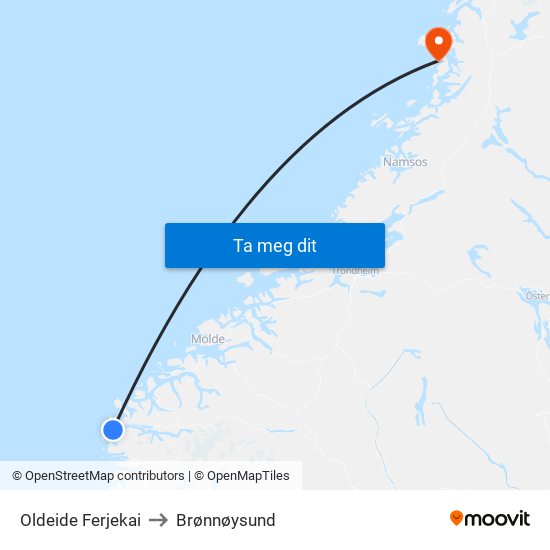 Oldeide Ferjekai to Brønnøysund map