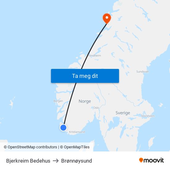 Bjerkreim Bedehus to Brønnøysund map
