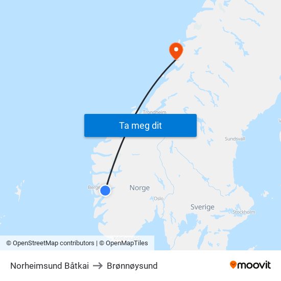 Norheimsund Båtkai to Brønnøysund map