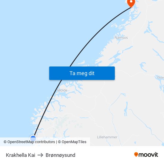 Krakhella Kai to Brønnøysund map