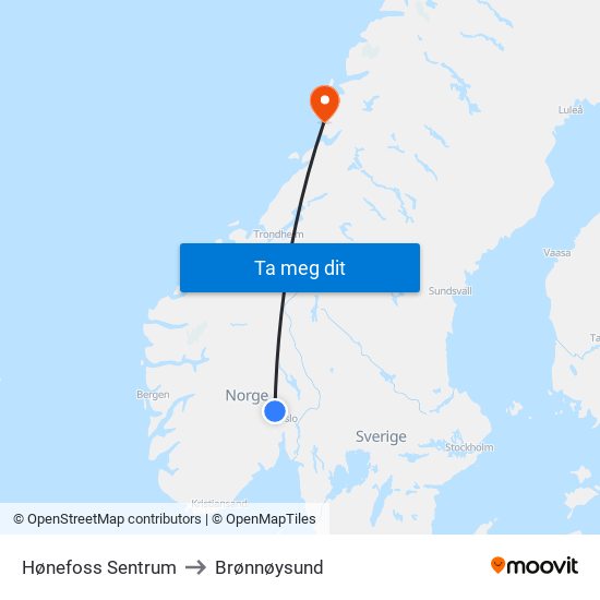 Hønefoss Sentrum to Brønnøysund map