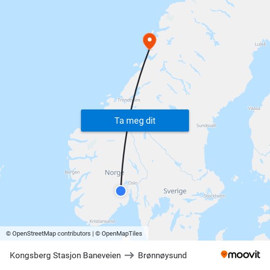 Kongsberg Stasjon Baneveien to Brønnøysund map