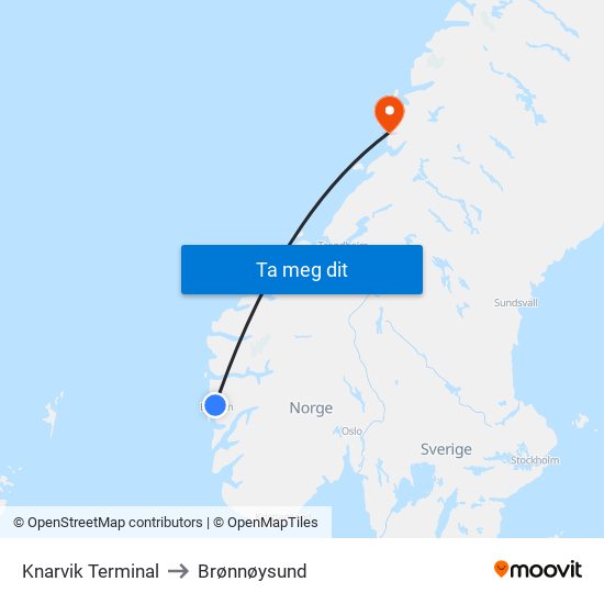 Knarvik Terminal to Brønnøysund map