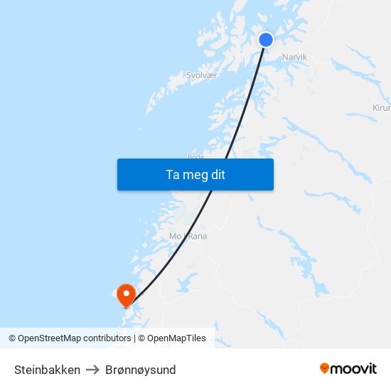 Steinbakken to Brønnøysund map