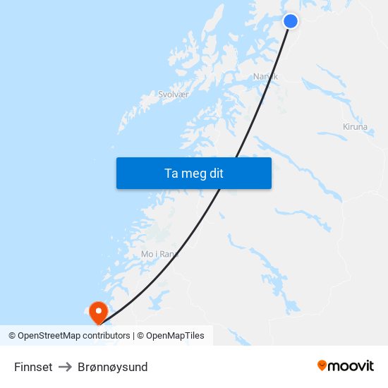 Finnset to Brønnøysund map