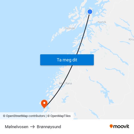 Mølnelvosen to Brønnøysund map